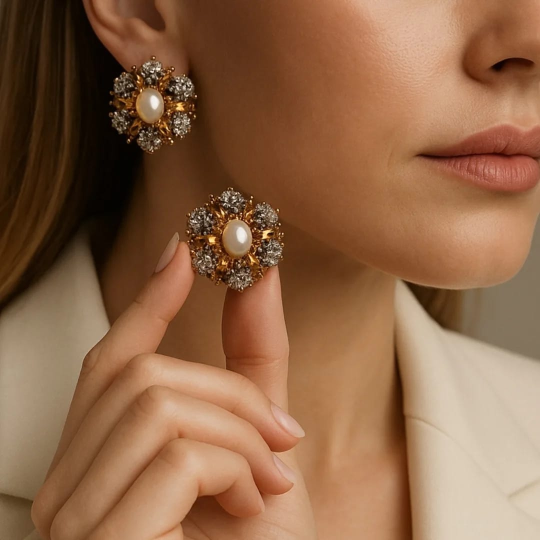 Gold-Plated Floral Pearl Zircon Earrings